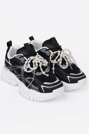 melnas krāsas Sporta apavi z białą kokardą i koralikami
