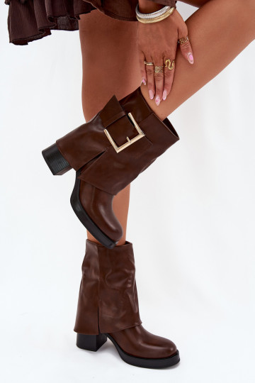 Sieviešu puszābaki siltināti ar papēdi Ar zelta sprādzi brūnas krāsas Milira