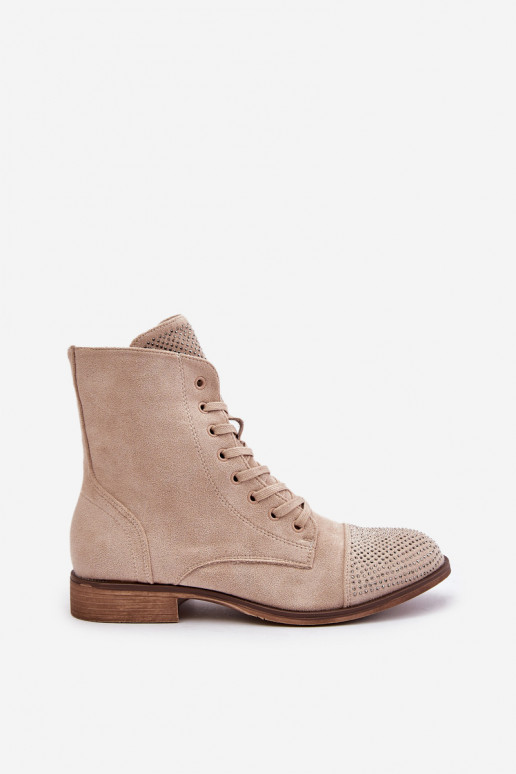 Dekorētas Sieviešu puszābaki ar platiem papēžiem Eko zamšādaoIne siltināti Ziloņkaula krāsas Ellieo