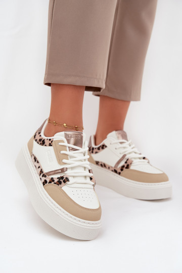 Sieviešu Sneakers modeļa apavi ar platformu Big Star SS274357 ar leoparda kažokādas rakstu Baltas-smilšu krāsas