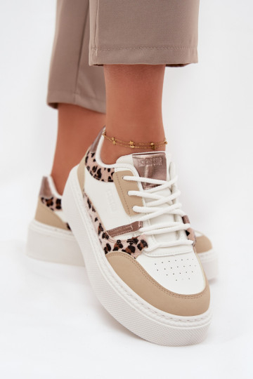Sieviešu Sneakers modeļa apavi ar platformu Big Star SS274357 ar leoparda kažokādas rakstu Baltas-smilšu krāsas 2