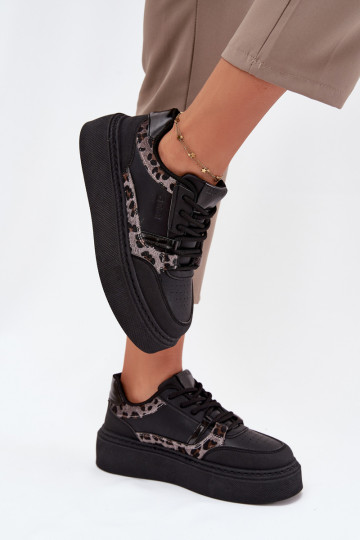 Sieviešu Sneakers modeļa apavi ar platformu Big Star SS274358 ar leoparda kažokādas rakstu melnas krāsas