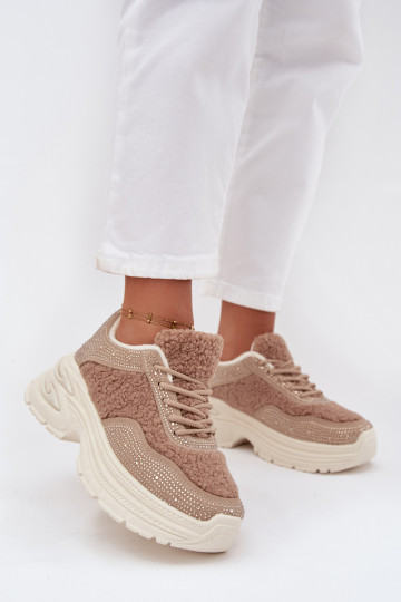 Sneakers modeļa apavi Sieviešu ar mirdzošiem spīdumiņiem Un Kažokādas Typu Baranek smilšu krāsas Zarika