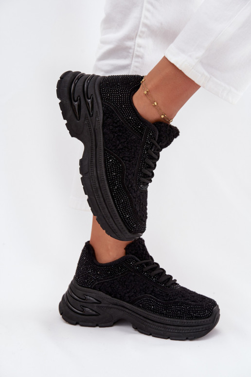 Sneakers modeļa apavi Sieviešu ar mirdzošiem spīdumiņiem Un Kažokādas Typu Baranek melnas krāsas Zarika Sneakers modeļa apavi Sieviešu ar mirdzošiem spīdumiņiem Un Kažokādas Typu Baranek melnas krāsas Zarika