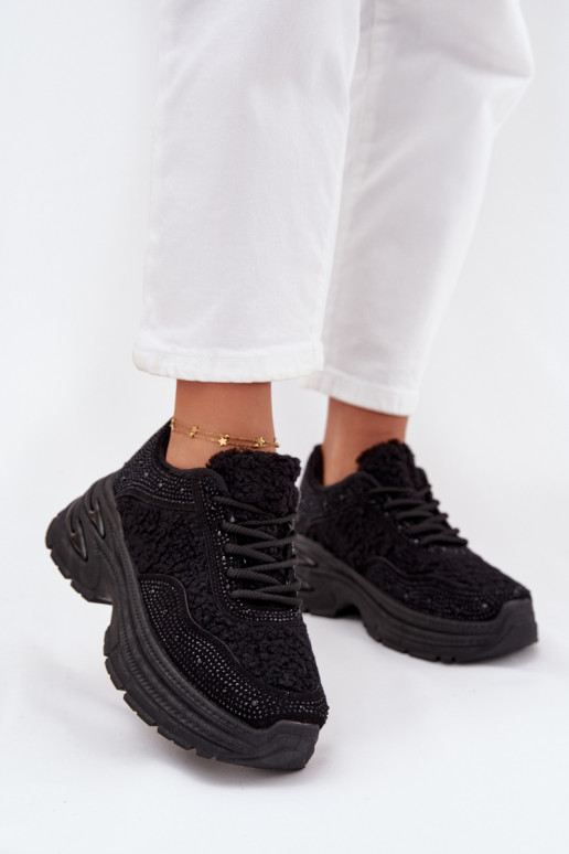 Sneakers modeļa apavi Sieviešu ar mirdzošiem spīdumiņiem Un Kažokādas Typu Baranek melnas krāsas Zarika Sneakers modeļa apavi Sieviešu ar mirdzošiem spīdumiņiem Un Kažokādas Typu Baranek melnas krāsas Zarika