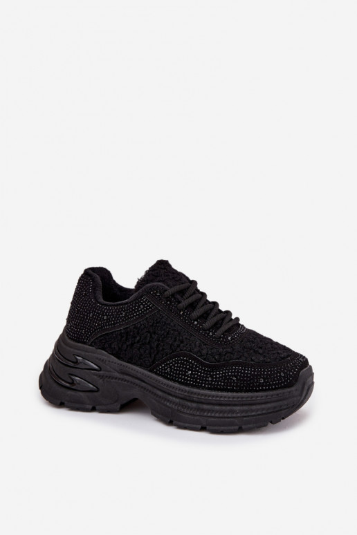 Sneakers modeļa apavi Sieviešu ar mirdzošiem spīdumiņiem Un Kažokādas Typu Baranek melnas krāsas Zarika Sneakers modeļa apavi Sieviešu ar mirdzošiem spīdumiņiem Un Kažokādas Typu Baranek melnas krāsas Zarika