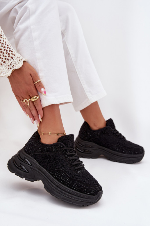 Sneakers modeļa apavi Sieviešu ar mirdzošiem spīdumiņiem Un Kažokādas Typu Baranek melnas krāsas Zarika Sneakers modeļa apavi Sieviešu ar mirdzošiem spīdumiņiem Un Kažokādas Typu Baranek melnas krāsas Zarika