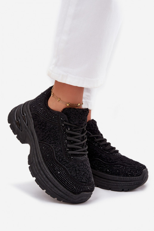 Sneakers modeļa apavi Sieviešu ar mirdzošiem spīdumiņiem Un Kažokādas Typu Baranek melnas krāsas Zarika Sneakers modeļa apavi Sieviešu ar mirdzošiem spīdumiņiem Un Kažokādas Typu Baranek melnas krāsas Zarika