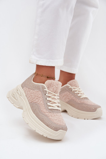 Sneakers modeļa apavi Sieviešu ar mirdzošiem spīdumiņiem Un Kažokādas Typu Baranek Ziloņkaula krāsas Zarika