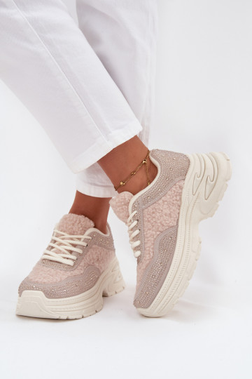 Sneakers modeļa apavi Sieviešu ar mirdzošiem spīdumiņiem Un Kažokādas Typu Baranek Ziloņkaula krāsas Zarika 2