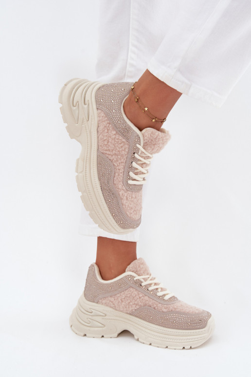 Sneakers modeļa apavi Sieviešu ar mirdzošiem spīdumiņiem Un Kažokādas Typu Baranek Ziloņkaula krāsas Zarika