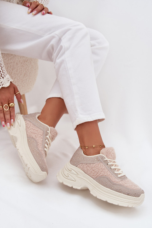 Sneakers modeļa apavi Sieviešu ar mirdzošiem spīdumiņiem Un Kažokādas Typu Baranek Ziloņkaula krāsas Zarika