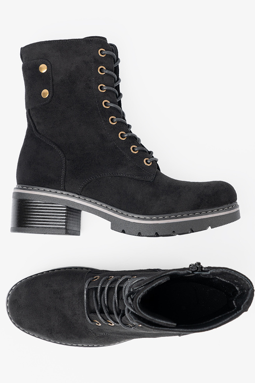 melnas krāsas mežģīņots zābaki z grubą podeszIną