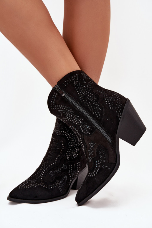 Siltināti sieviešu kovboju stila zābaki ar dekorāciju, melnā krāsā Lelira