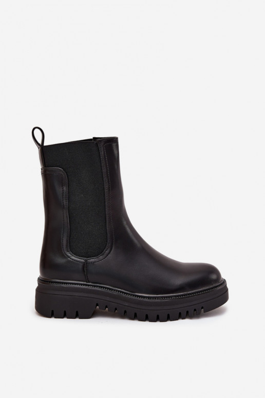 Stilīgi sieviešu zābaki ar platformu un plakanajiem papēžiem, ievelkamā modeļa, melnā krāsā Ravessa