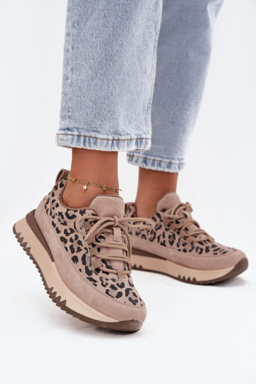 zamšādas siltināti Sneakers modeļa apavi Sieviešu ar platformu Vinceza 66836 ar leoparda kažokādas rakstu smilšu krāsas