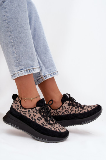 zamšādas siltināti Sneakers modeļa apavi Sieviešu ar platformu Vinceza 66836 ar leoparda kažokādas rakstu melnas krāsas