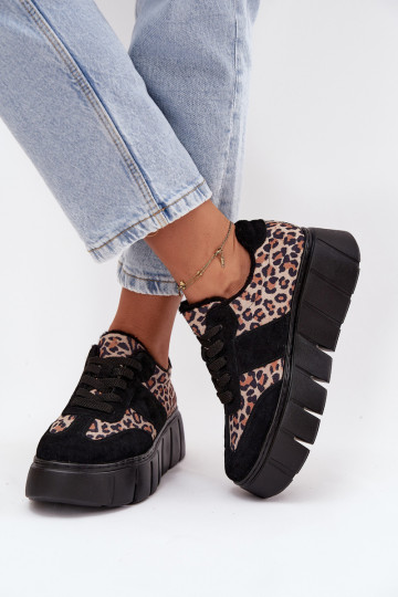 zamšādas siltināti Sneakers modeļa apavi Sieviešu ar platformu Vinceza 66841 ar leoparda kažokādas rakstu melnas krāsas