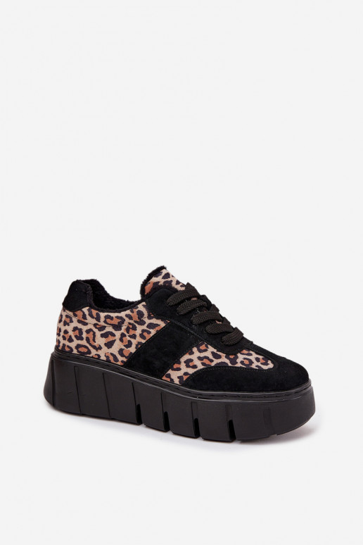 zamšādas siltināti Sneakers modeļa apavi Sieviešu ar platformu Vinceza 66841 ar leoparda kažokādas rakstu melnas krāsas
