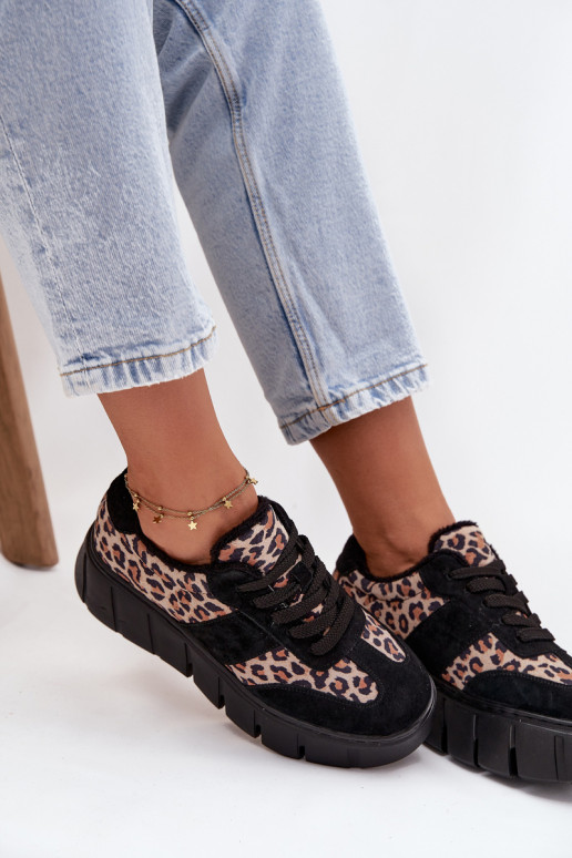 zamšādas siltināti Sneakers modeļa apavi Sieviešu ar platformu Vinceza 66841 ar leoparda kažokādas rakstu melnas krāsas
