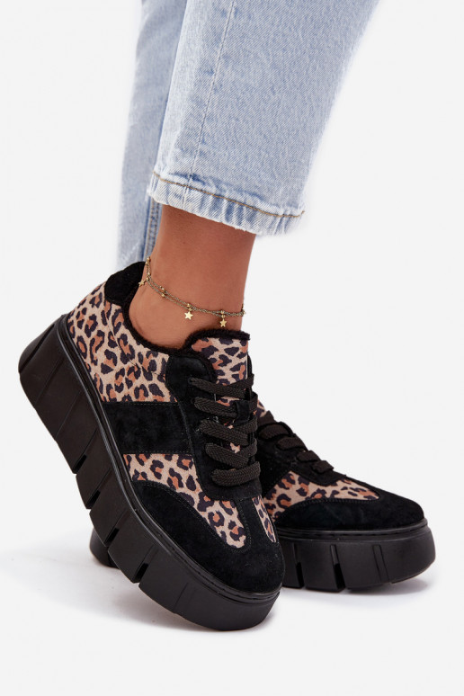 zamšādas siltināti Sneakers modeļa apavi Sieviešu ar platformu Vinceza 66841 ar leoparda kažokādas rakstu melnas krāsas