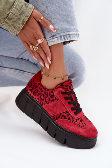zamšādas siltināti Sneakers modeļa apavi Sieviešu ar platformu Vinceza 66841 ar leoparda kažokādas rakstu sarkanas krāsas