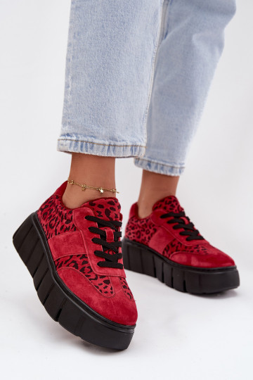 zamšādas siltināti Sneakers modeļa apavi Sieviešu ar platformu Vinceza 66841 ar leoparda kažokādas rakstu sarkanas krāsas 2