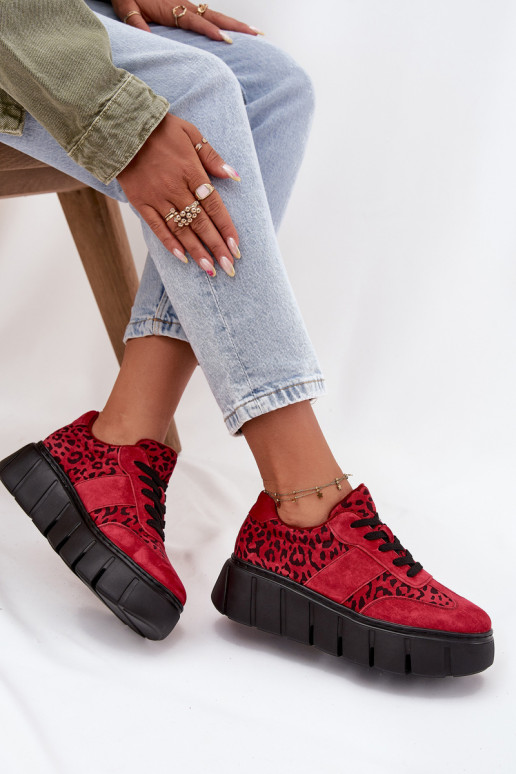 zamšādas siltināti Sneakers modeļa apavi Sieviešu ar platformu Vinceza 66841 ar leoparda kažokādas rakstu sarkanas krāsas