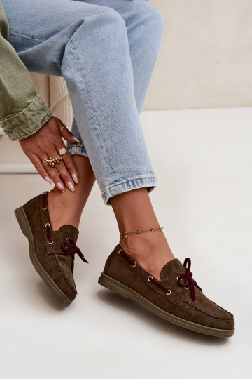 apavi sieviešu mokasīni ar stilīgām detaļām haki krāsas Calivra