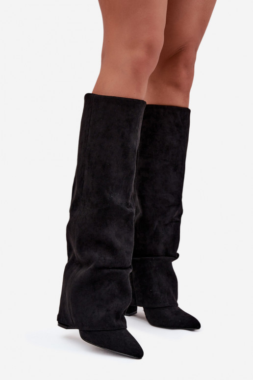 siltināti sieviešu garie zābakiINyIniniętą CholeInką ar papēdi Eko zamšādaoIne melnas krāsas Elivira