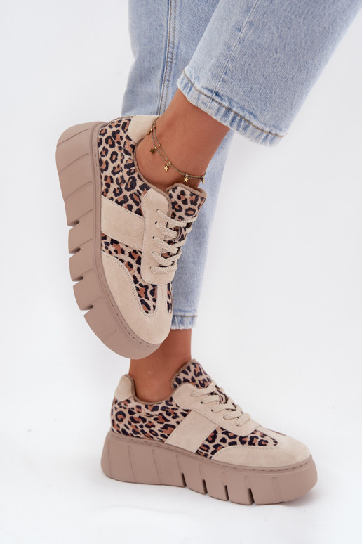 zamšādas siltināti Sneakers modeļa apavi Sieviešu ar platformu Vinceza 66841 ar leoparda kažokādas rakstu smilšu krāsas