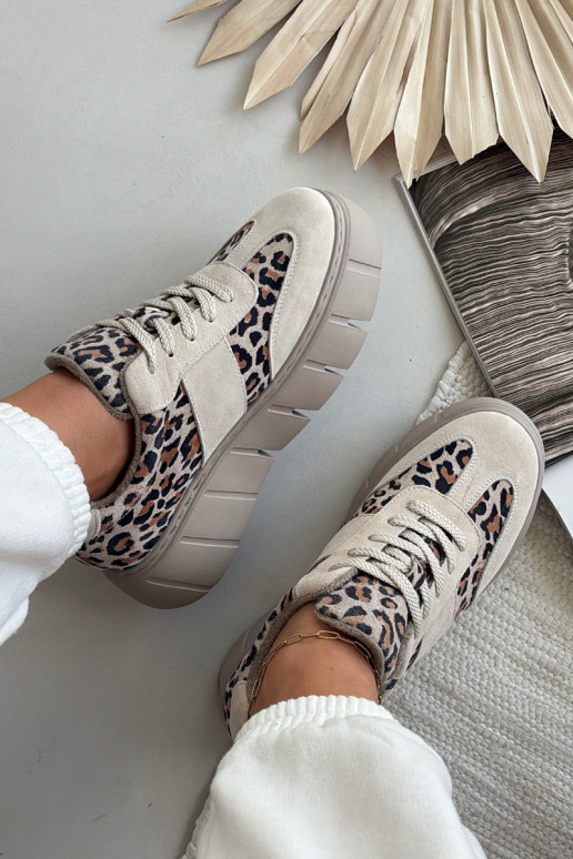 zamšādas siltināti Sneakers modeļa apavi Sieviešu ar platformu Vinceza 66841 ar leoparda kažokādas rakstu smilšu krāsas