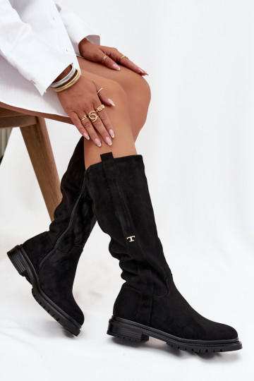 Sieviešu garie zābaki Ieslēgts płaskim Obcasie Eko zamšādaoIne melnas krāsas Delyssa