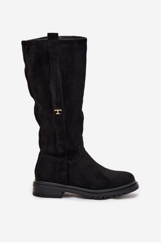 Sieviešu garie zābaki Ieslēgts płaskim Obcasie Eko zamšādaoIne melnas krāsas Delyssa