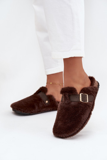 ar kažokādu sieviešu čības ar platformu ar siksniņām I ar sprādzēm brūnas krāsas Noraline 2