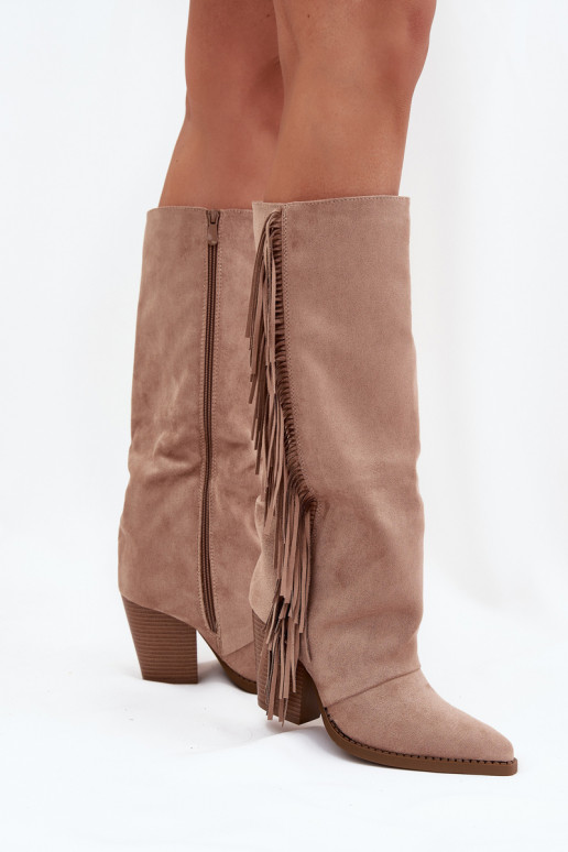 Kovboju stila sieviešu garie zābaki ar pušķiem un papēžiem smilškrāsā Tivara Kovboju stila sieviešu garie zābaki ar pušķiem un papēžiem smilškrāsā Tivara