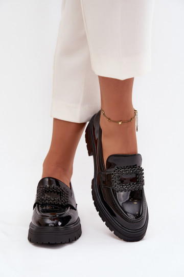 Laque apavi sieviešu mokasīni dekorēti ar sprādzēm melnas krāsas Luvianne
