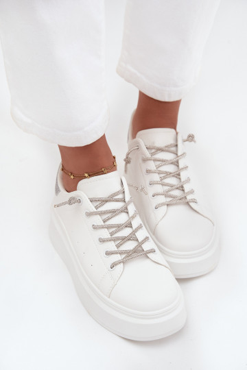 Sneakers modeļa apavi Sieviešu ar platformu Ar greznu Šņorēšanam Un mirdzēt baltas krāsas Belmira