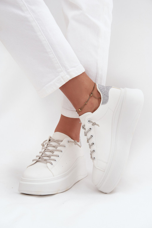 Sneakers modeļa apavi Sieviešu ar platformu Ar greznu Šņorēšanam Un mirdzēt baltas krāsas Belmira Sneakers modeļa apavi Sieviešu ar platformu Ar greznu Šņorēšanam Un mirdzēt baltas krāsas Belmira