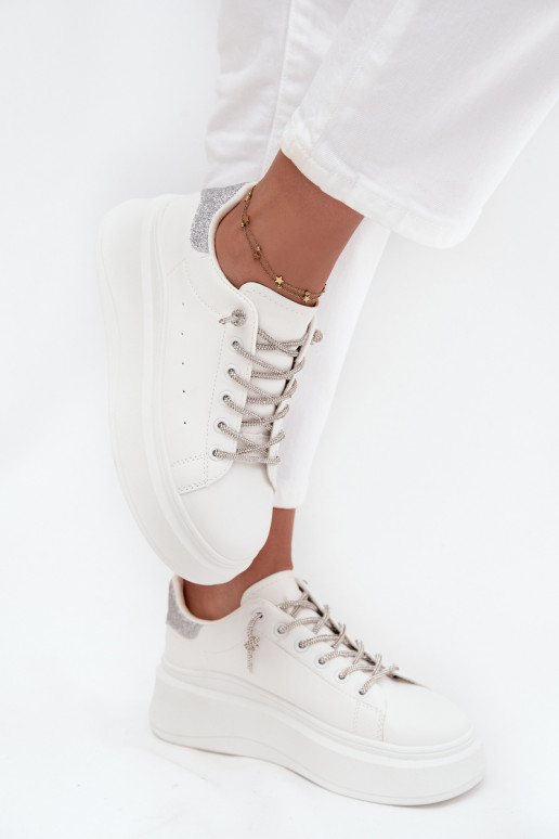 Sneakers modeļa apavi Sieviešu ar platformu Ar greznu Šņorēšanam Un mirdzēt baltas krāsas Belmira Sneakers modeļa apavi Sieviešu ar platformu Ar greznu Šņorēšanam Un mirdzēt baltas krāsas Belmira