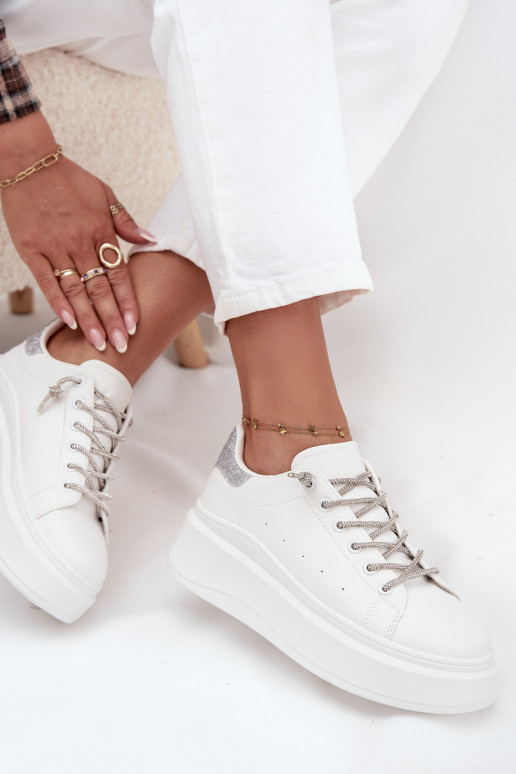 Sneakers modeļa apavi Sieviešu ar platformu Ar greznu Šņorēšanam Un mirdzēt baltas krāsas Belmira Sneakers modeļa apavi Sieviešu ar platformu Ar greznu Šņorēšanam Un mirdzēt baltas krāsas Belmira