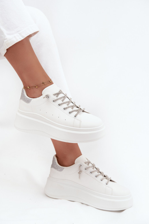 Sneakers modeļa apavi Sieviešu ar platformu Ar greznu Šņorēšanam Un mirdzēt baltas krāsas Belmira Sneakers modeļa apavi Sieviešu ar platformu Ar greznu Šņorēšanam Un mirdzēt baltas krāsas Belmira