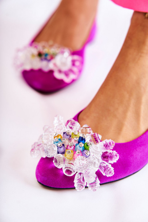 Zamšādas balerīnas ar papēdi ar ornamentiem Tumši rozā Elenie