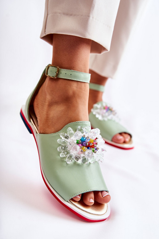 Sieviešu Āda sandales ar ornamentiem Zaļas krāsas Nevassa Sieviešu Āda sandales ar ornamentiem Zaļas krāsas Nevassa