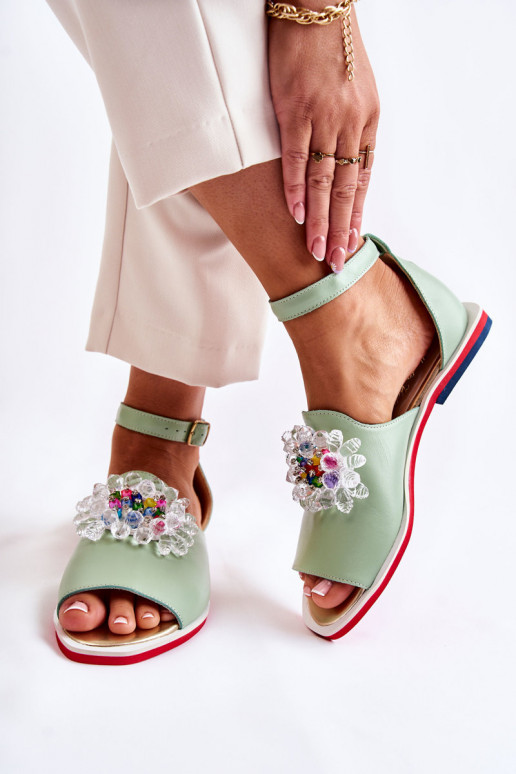 Sieviešu Āda sandales ar ornamentiem Zaļas krāsas Nevassa Sieviešu Āda sandales ar ornamentiem Zaļas krāsas Nevassa