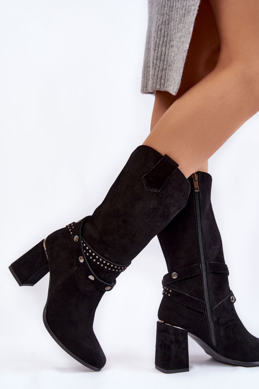 Sieviešu zamšādas garie zābaki ar papēdi Ļevskis Shoes 2934/B melnas krāsas Sieviešu zamšādas garie zābaki ar papēdi Ļevskis Shoes 2934/B melnas krāsas