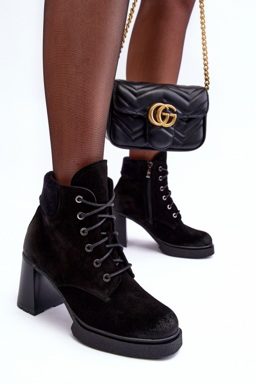 Sieviešu puszābaki zamšādas šņorējami ar papēdi melnas krāsas Lemar Flomes