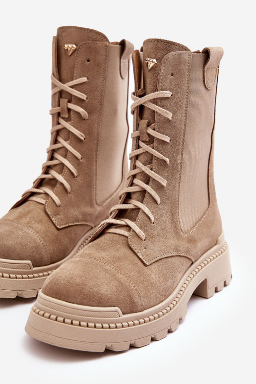 zamšādas Sieviešu zābaki šņorējami smilšu krāsas Nicole 2836