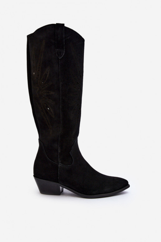 Zazoo 2909 zamšādas garie zābaki Ažūrs Uz Zema Papēža melnas krāsas