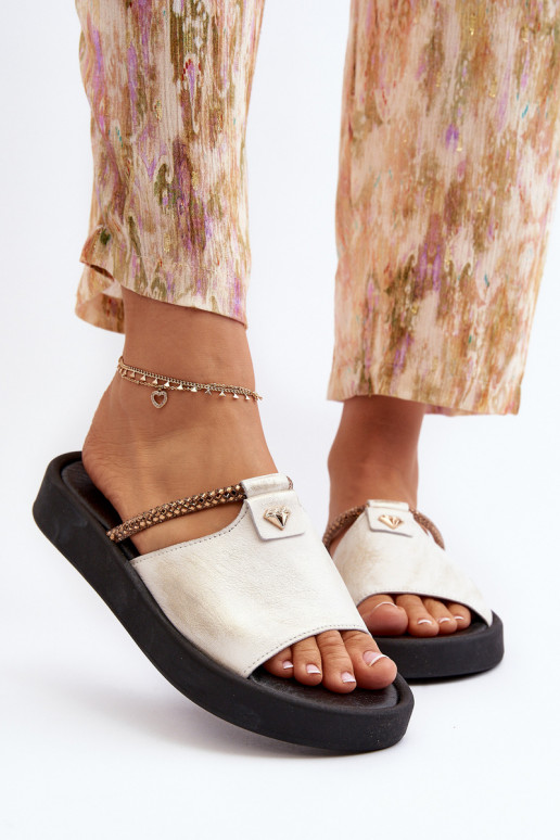 Zazoo 2896 sieviešu čības Āda Baltas-Zelta krāsas Zazoo 2896 sieviešu čības Āda Baltas-Zelta krāsas